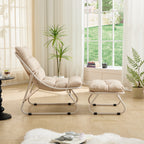 Silla de estar exterior para el patio con cojín, Silla reclinable cómoda con cojín abultado y taburete, Ideal para el salón, el dormitorio, la sala de lectura, Color de marco beige con cojín beige