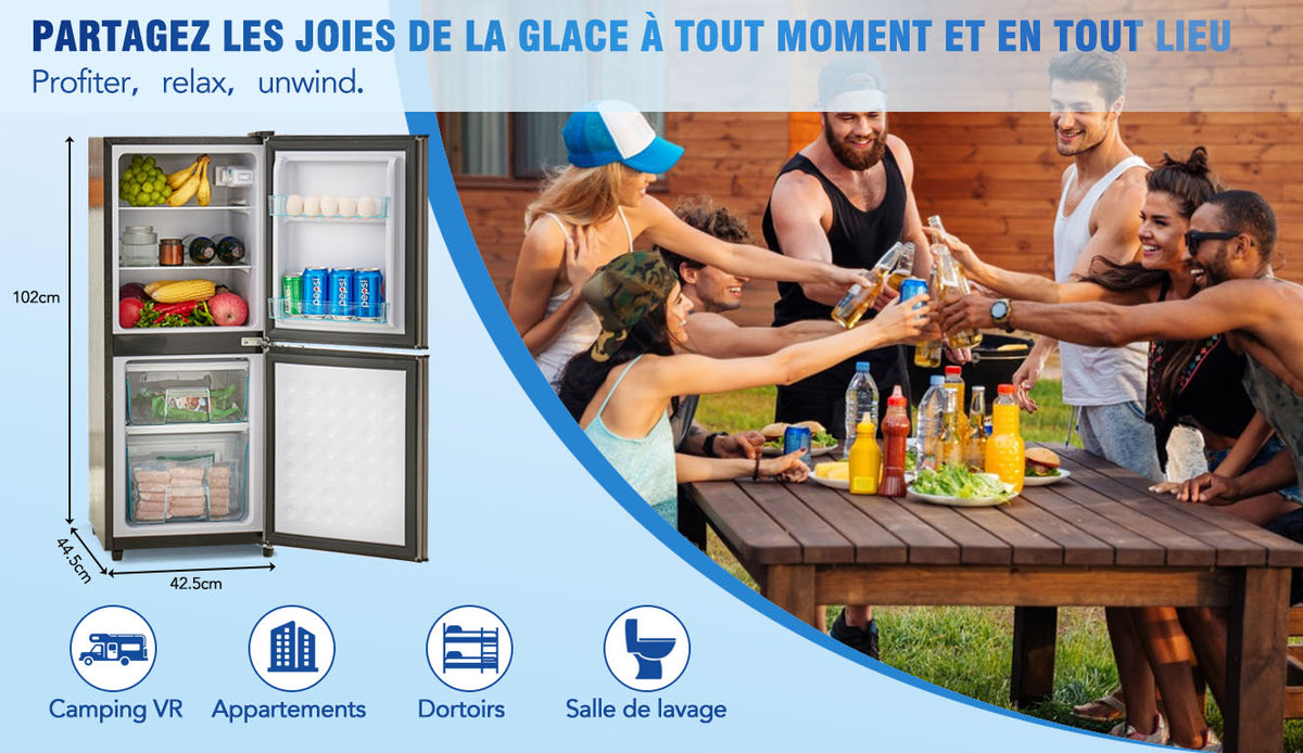 Refrigerador Minikühlschra de 106L, 60-l de capacidad de refrigeración + 46-l de capacidad de freezer, 7 ajustes de temperatura, puerta plateada + cuerpo negro, iluminación LED, cajones de empotramiento ajustables, 166 kWh/Jr, 45 dB