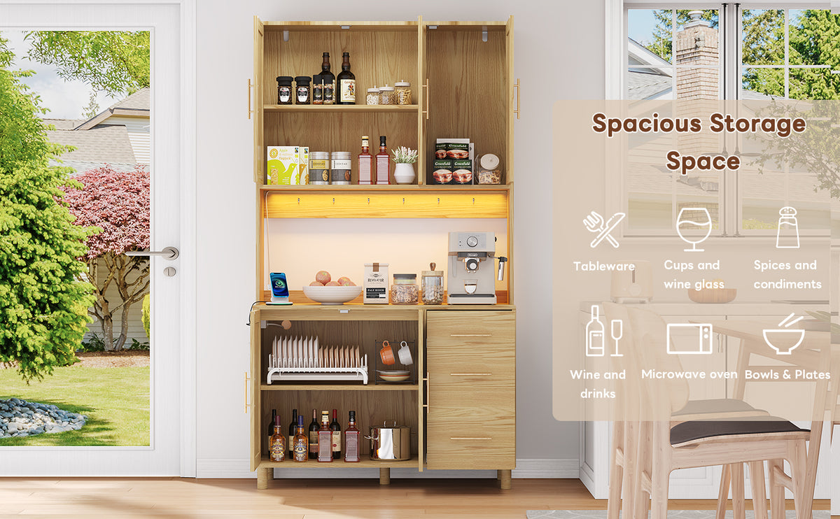 Antecabina de cocina de 183 cm, bufet, luces de decoración LED controladas por app, 2 x USB, 2 x enchufes, tableros de empotramiento ajustables, 3 cajones, asas de metal doradas, ideal para cocinas y comedores.