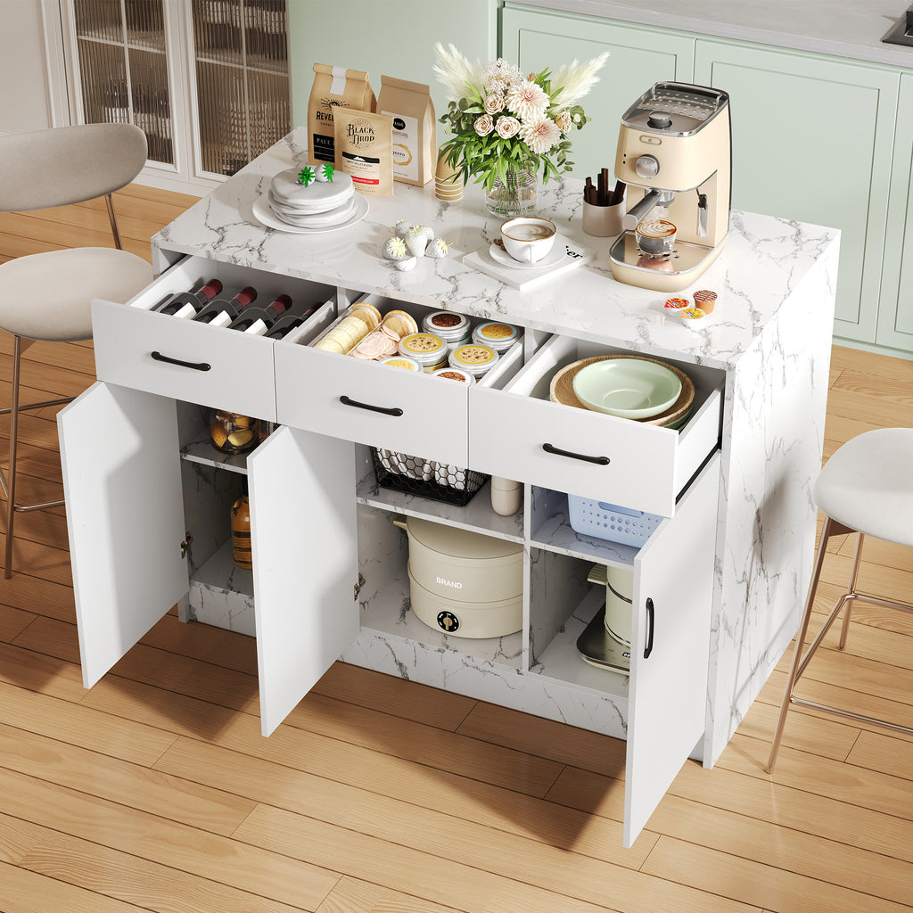 Gran isla de cocina de 120 x 60 x 90,5 cm, 3 cajones y 3 puertas, diseño de mármol blanco, soportes de empotramiento ajustables, cajones silenciosos, diseño de barbería - Accesorios para la cocina elegantes y prácticos