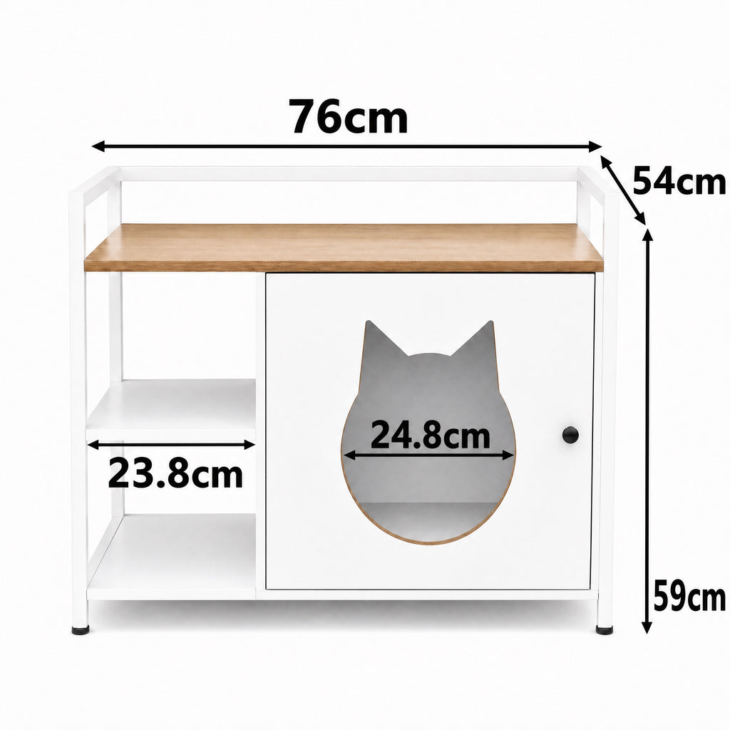 Armario multifuncional para la caja de arena de los gatos con agujero en forma de cabeza de gato, mesita de noche con 2 estantes y espacio de almacenamiento, moderno mueble para gatos para el salón y el dormitorio (blanco y madera)