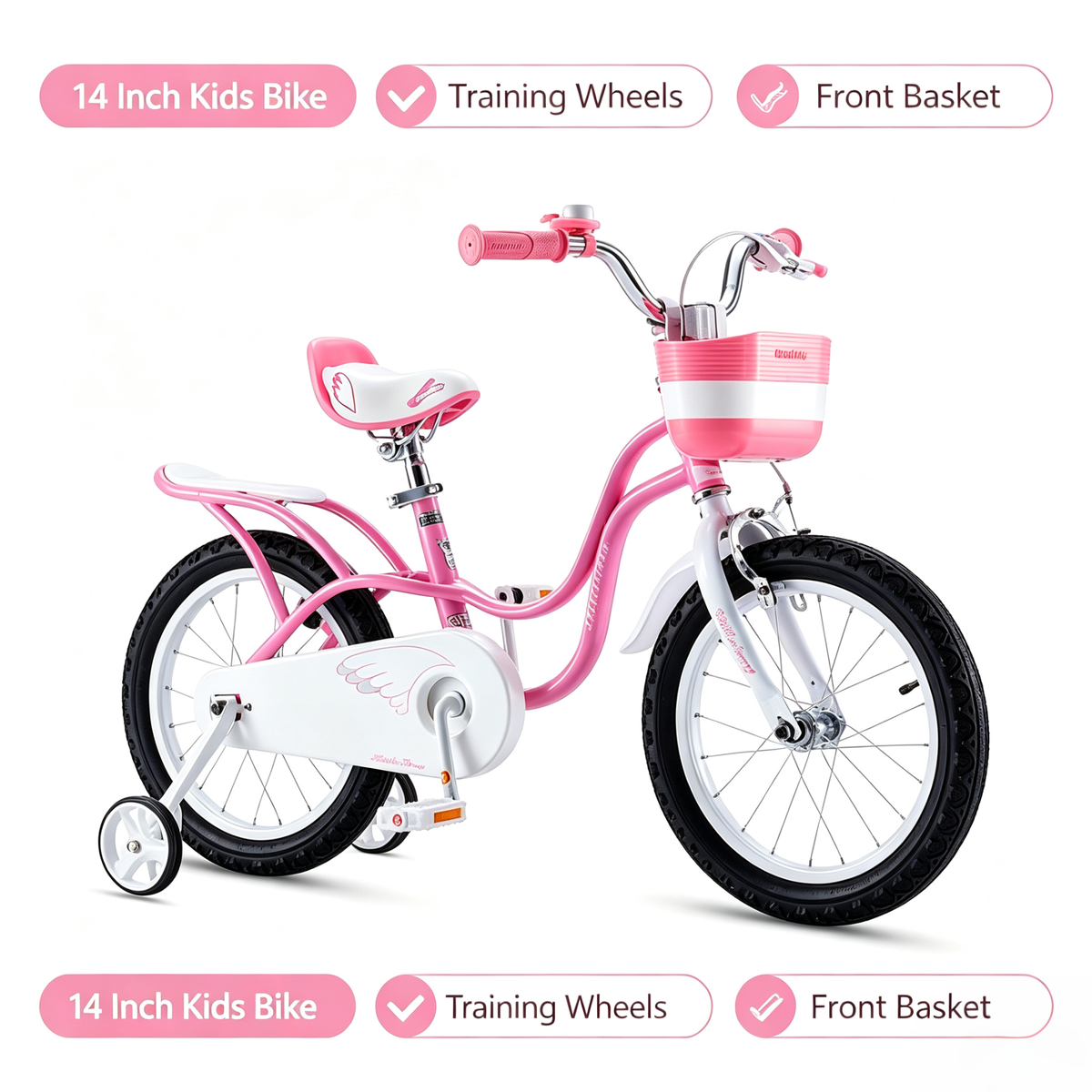 Bicicleta para Niñas y Niños de Color Rosa y Blanco, Segura y Ligera con Ruedas de Entrenamiento
