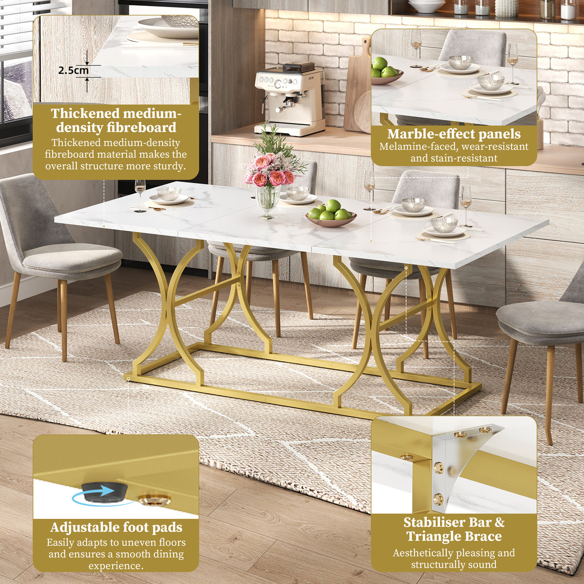 Mesa de comedor de 200×80cm, para 8–10 personas, diseño moderno en óptica de mármol, placa de mesa de 2,5 cm de espesor, resistente al agua y al arañazo, patas metálicas de color oro con correderas ajustables, adecuada para el salón y el comedor