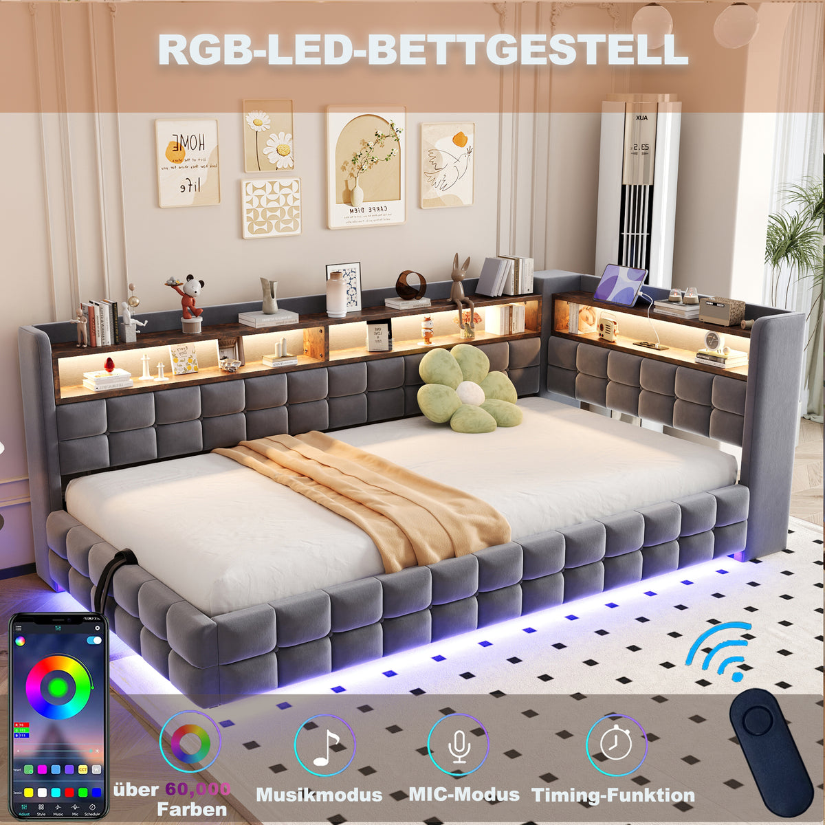Sofa cama poltrona multifuncional 90 × 200 cm, con espacio de almacenamiento hidráulico, estante de madera, tira de luz LED, toma de corriente, conectores de carga USB y Type-C, soporte de armazón de madera, material de terciopelo gris oscuro
