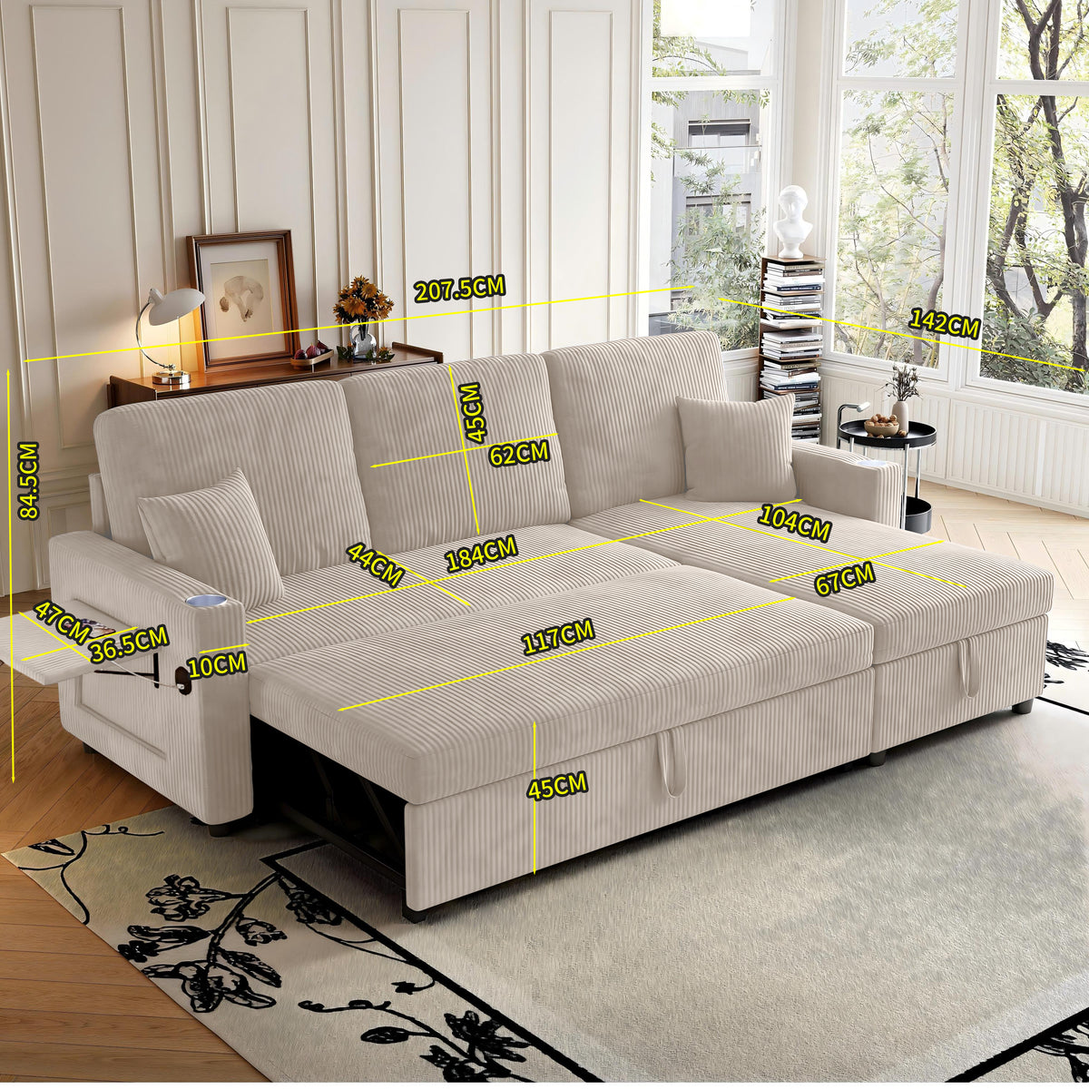 Sofá en L Sofabetten, un sofá espacioso, un sofá cómodo para dormir en las alturas y un espacio de almacenamiento adecuado para un sofá modular y un sillón en su salón de estar y en su apartamento
