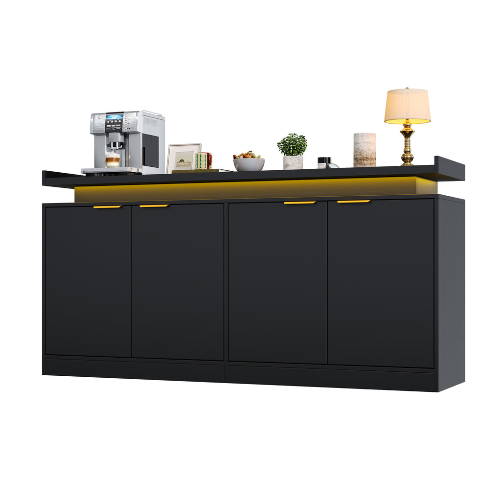Armario de cocina con iluminación LED, Sideboard con 4 puertas, Buffet con mucho espacio de almacenamiento para el comedor y el salón, 160 × 39 × 83 cm