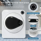 Secador de ropa de alta calidad – Calentamiento PTC en cerámica y tambor de acero inoxidable, 4 programas incluyendo función de enfriamiento, doble seguridad, montaje en pared o apilable. Caja PCM, Capacidad nominal: 3 kg (realmente 5 kg).