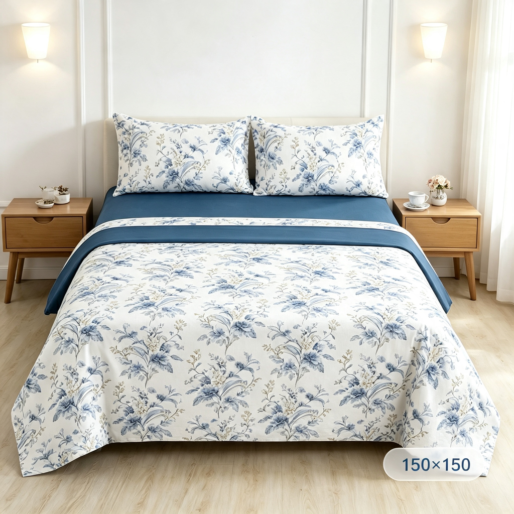 Juego de Sábanas 4 Piezas | Estampado Floral Azul Clásico | Fondo Blanco | Sábana Encimera + 2 Fundas | Suave y Transpirable