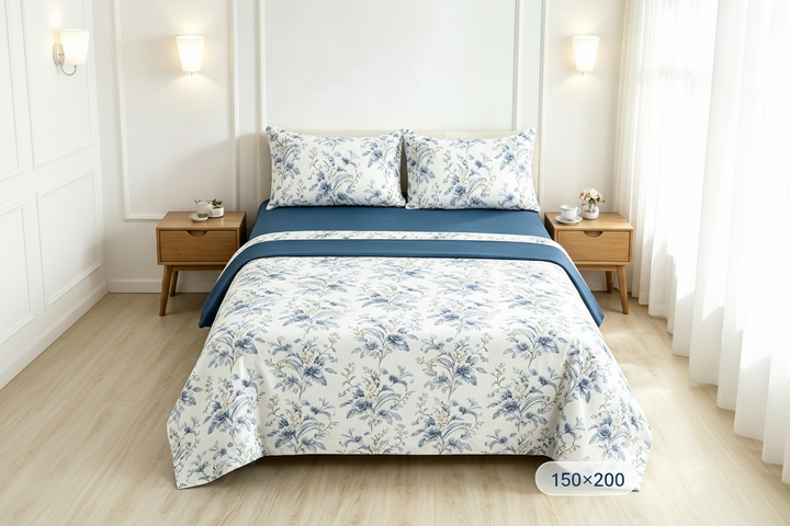 Juego de Sábanas 4 Piezas | Estampado Floral Azul Clásico | Fondo Blanco | Sábana Encimera + 2 Fundas | Suave y Transpirable
