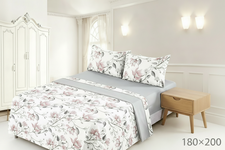 Juego de Sábanas 4 Piezas | Estampado Floral Rosa y Gris | Fondo Blanco | Sábana Encimera + 2 Fundas | Suave y Transpirable