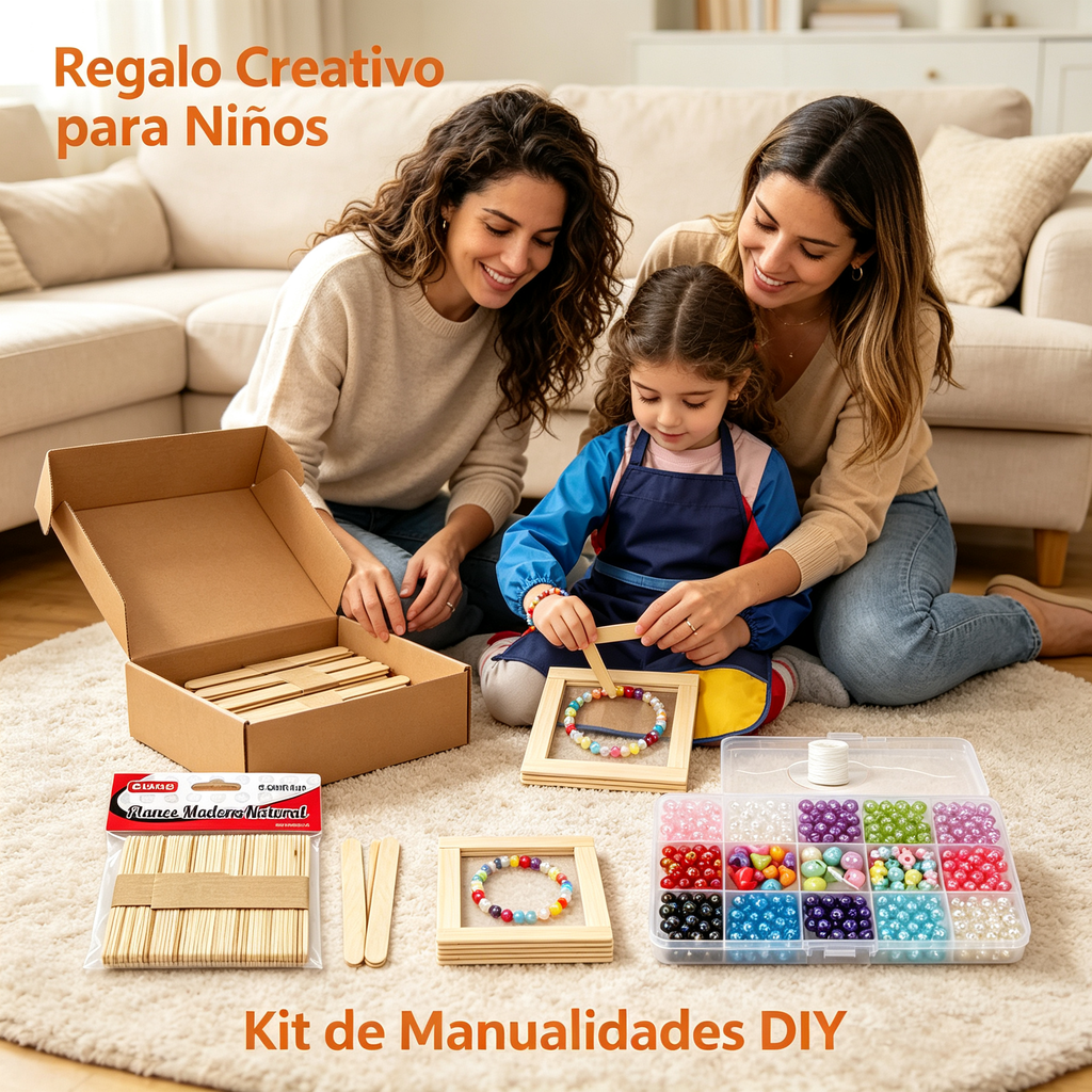 Kit de Manualidades DIY para Niños, Set Completo con Perlas Multicolores y Palitos de Madera, Regalo Creativo para Actividades en Casa
