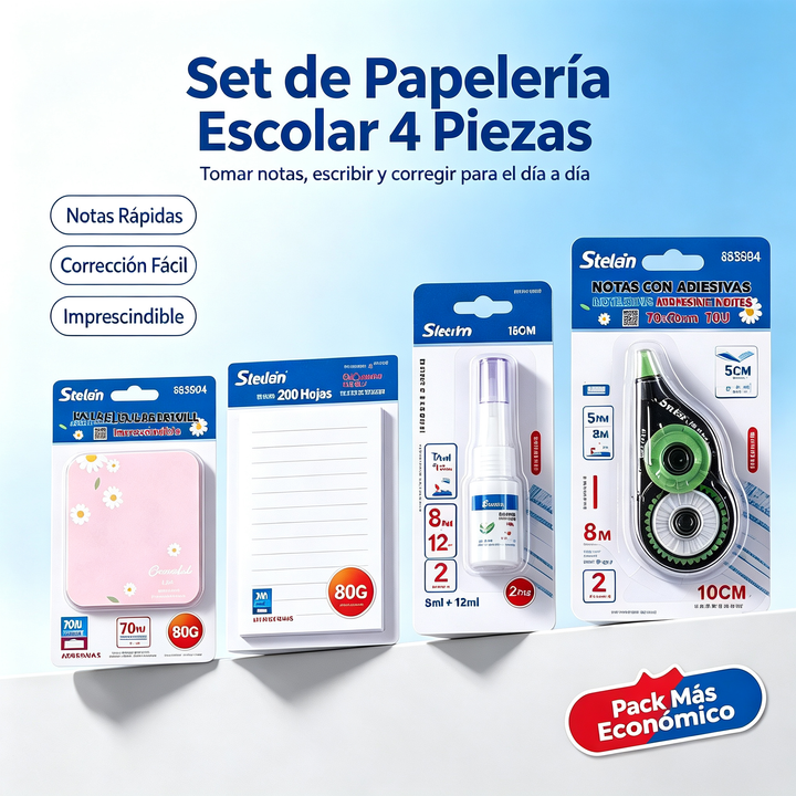Set de Papelería Escolar 4 Piezas - Notas Adhesivas, Bloc, Corrector y Cinta