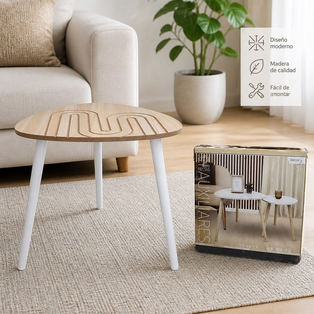 2 Modern Side Tables with Carved Wooden Top