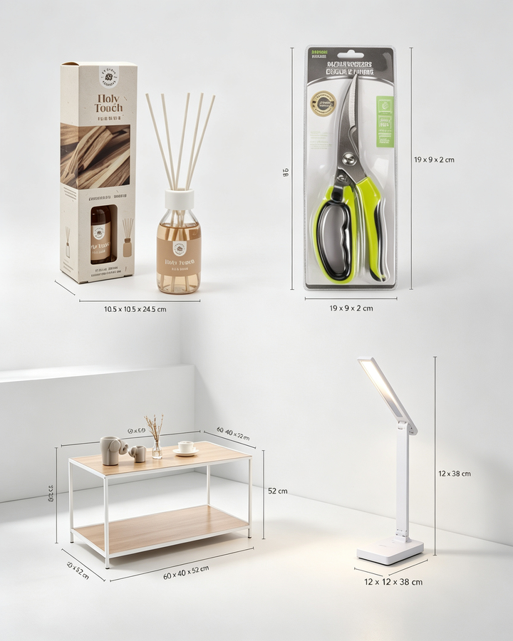 Set Hogar Esencial 4 en 1 - Mesa Auxiliar + Lámpara LED + Mikado Holy Touch + Tijeras Multiusos