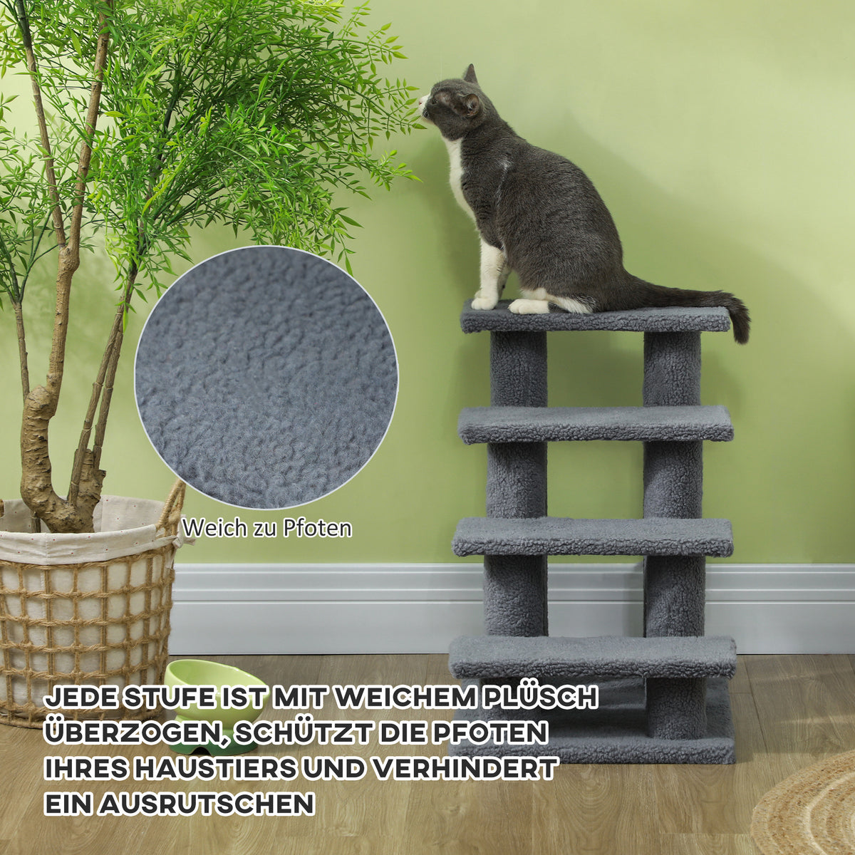 Escalera para mascotas, escalera para gatos, escalera para perros, 4 escalones, color gris, 63,5x43x60cm, ideal para gatos y perros, perfecta para ancianos y mascotas pequeñas