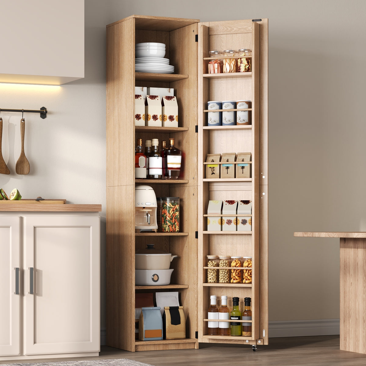 Armario de cocina, armario de almacenamiento alto con soportes para puertas y tabiques de empotramiento ajustables, armario de provisiones para salón, comedor y baño, 40 × 40× 183 cm