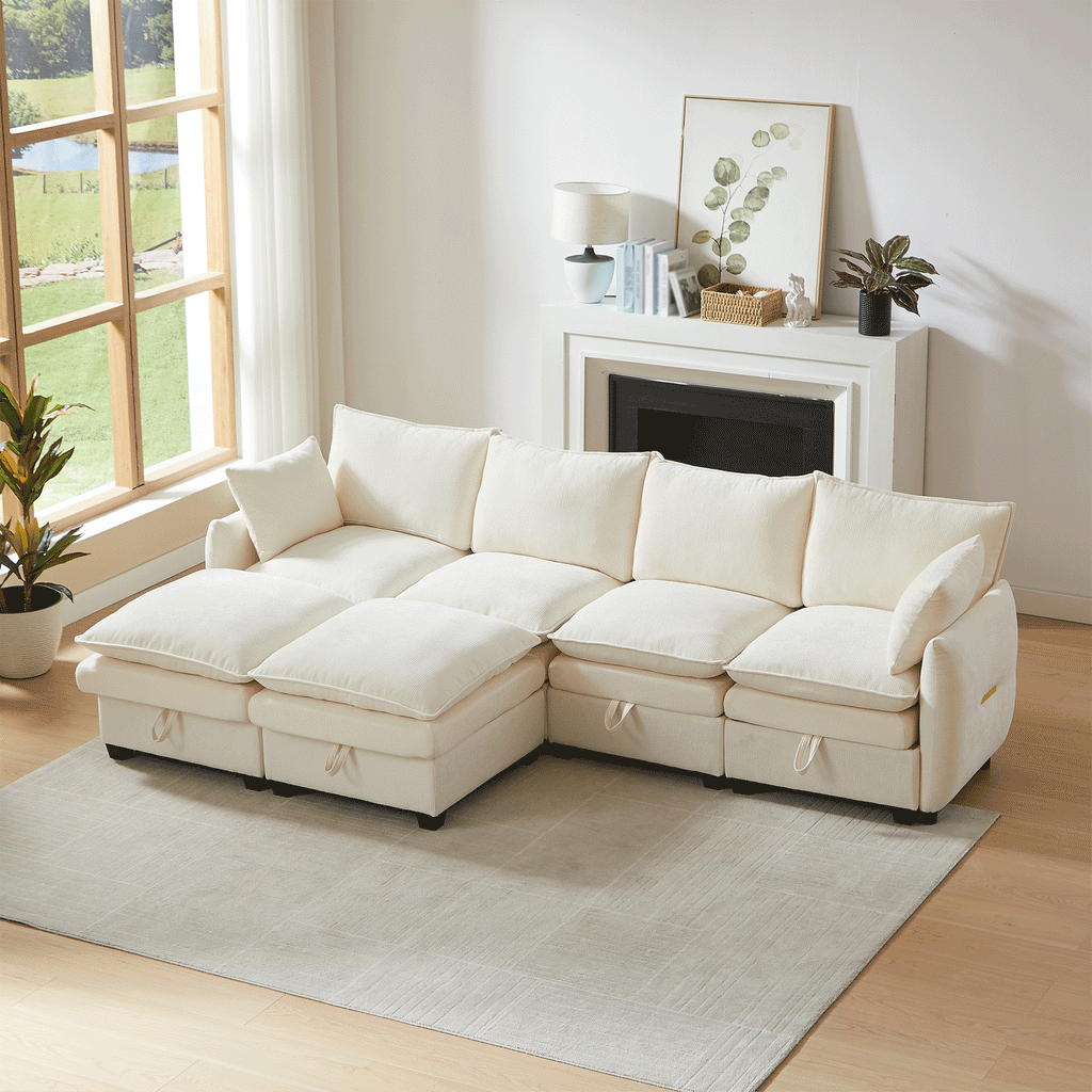 Sofa en U con espacio de almacenamiento, conjunto de sofás modular, compuesto por cuatro elementos de asiento y dos taburetes, sofá moderno con cojines y cojines de brazos, tapizado de chenille, armazón de madera sólida