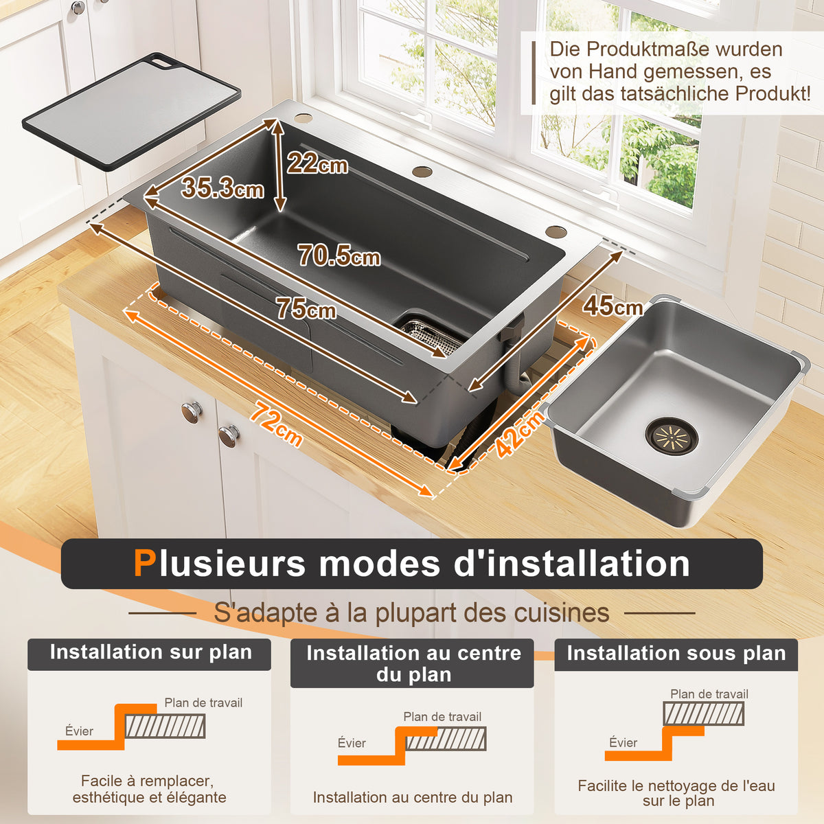 Lavabo de instalación de 75x45cm de acero inoxidable con tabla de corte, fregadero interior adicional y colador, lavabo de cocina con recubrimiento PVD, desague en cascada, construcción silenciosa y 3 tocones para accesorios
