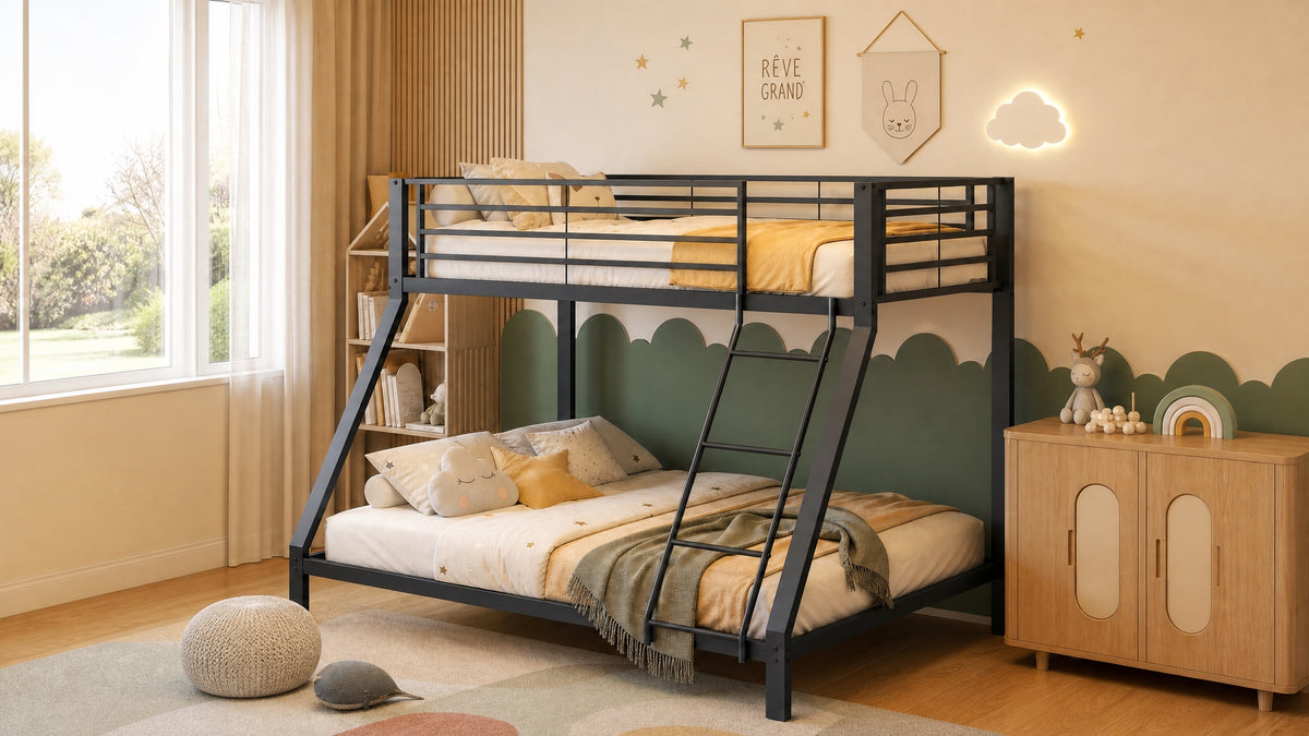 Cama bunk Metal 90/140 x 200 cm – Cama familiar y bunk con protección contra caídas, escalera segura y rejilla, construcción estable, silenciosa, para niños, jóvenes y adultos, Negro