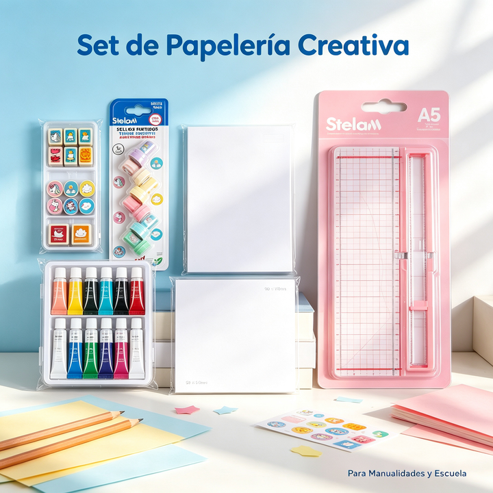 Set de Papelería Creativa - Tampones, Pintura, Notas y Cortador A5