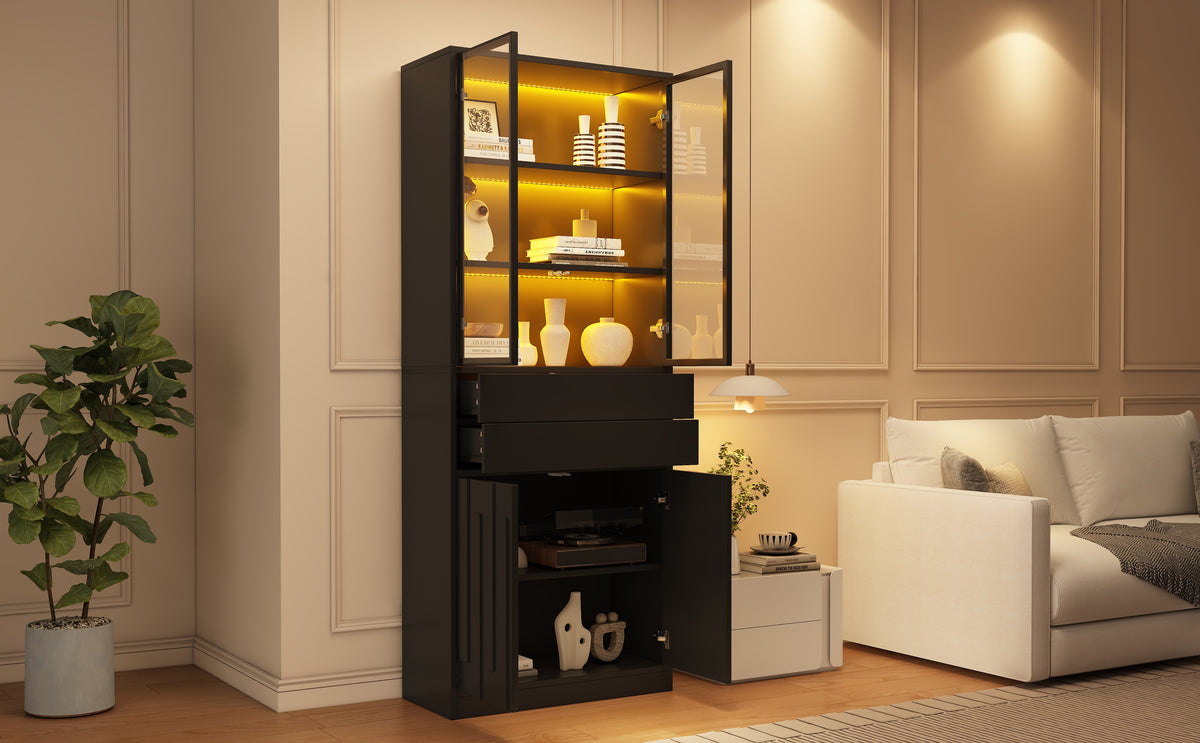 Vitrina LED de 70×34×180cm con 2 cajones, armario alto con puertas de vitrina, armario de salón con LED, armario para el salón, cocina, oficina, entrada, negro