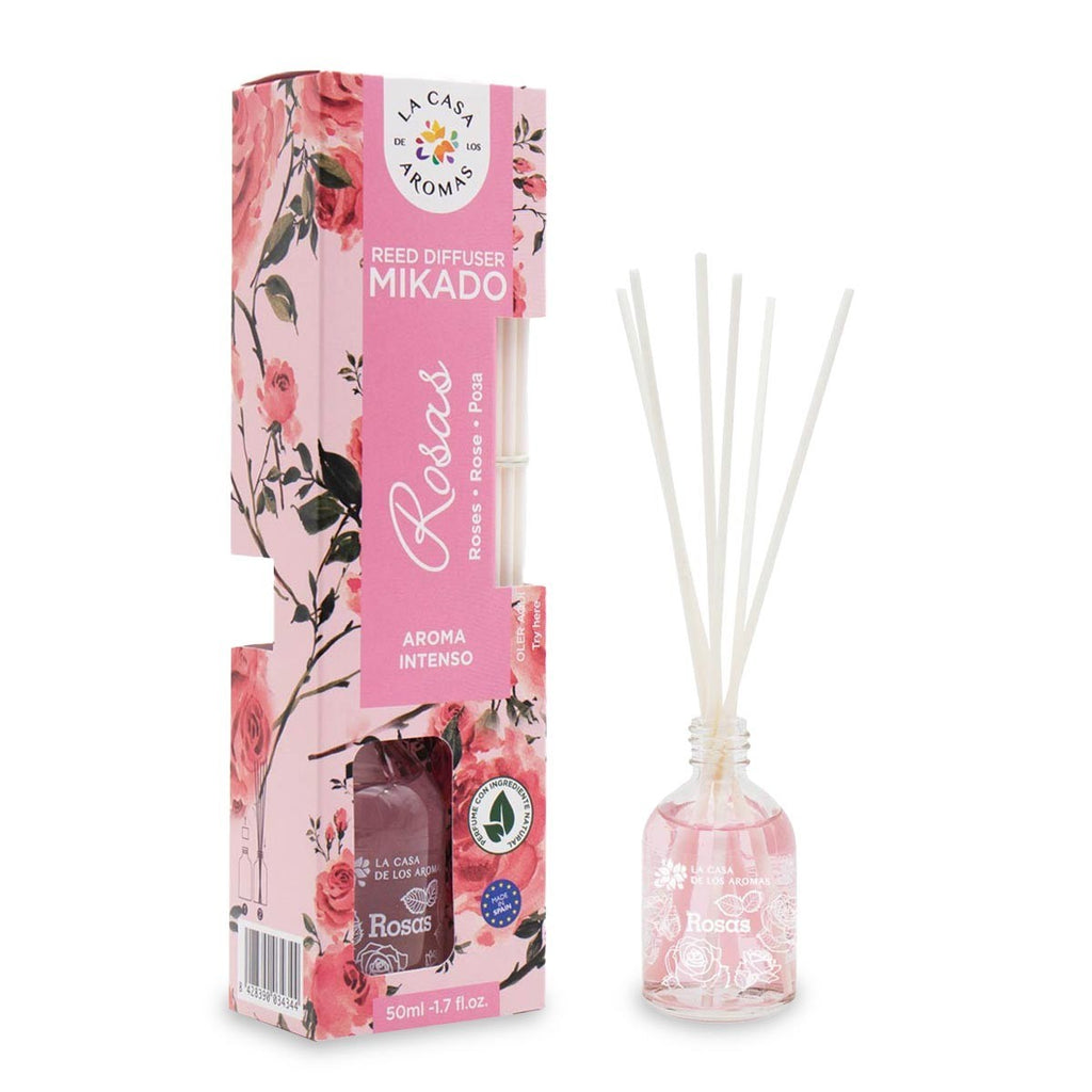 La Casa de los Aromas Roses Reed Diffuser product images and lifestyle scenes
