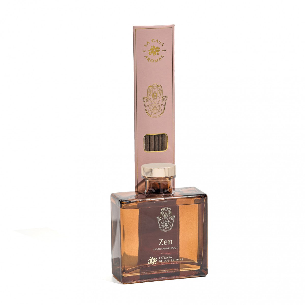 La Casa de los Aromas Zen Cedar Sandalwood Reed Diffuser product images and lifestyle scenes