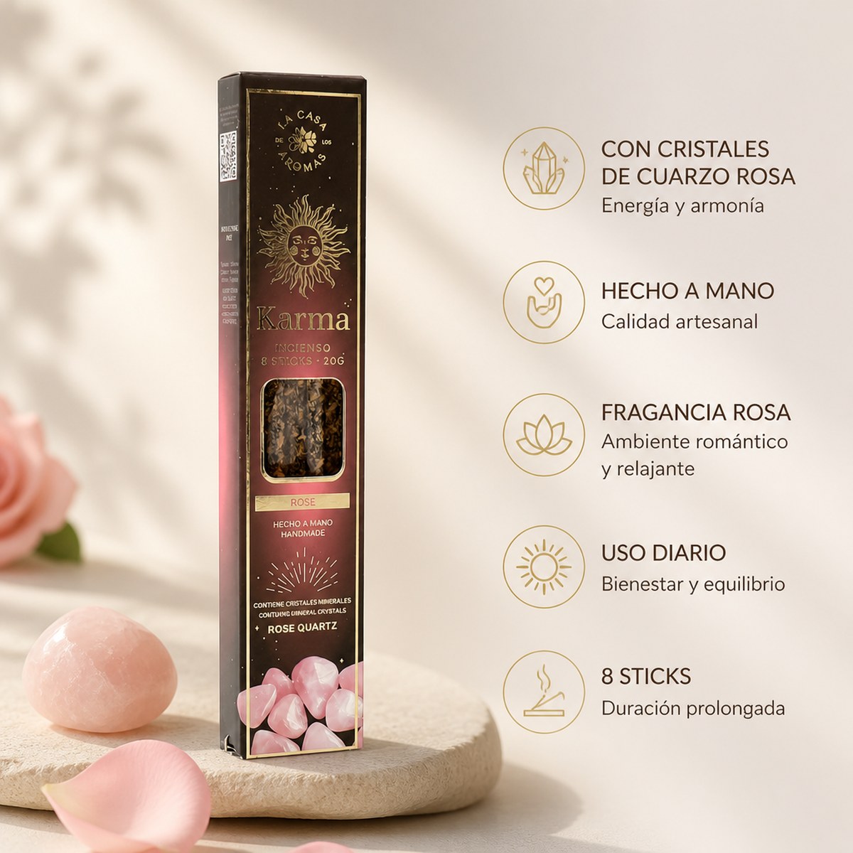 Bastones de Incenso Karma con Cuarzo Rosa