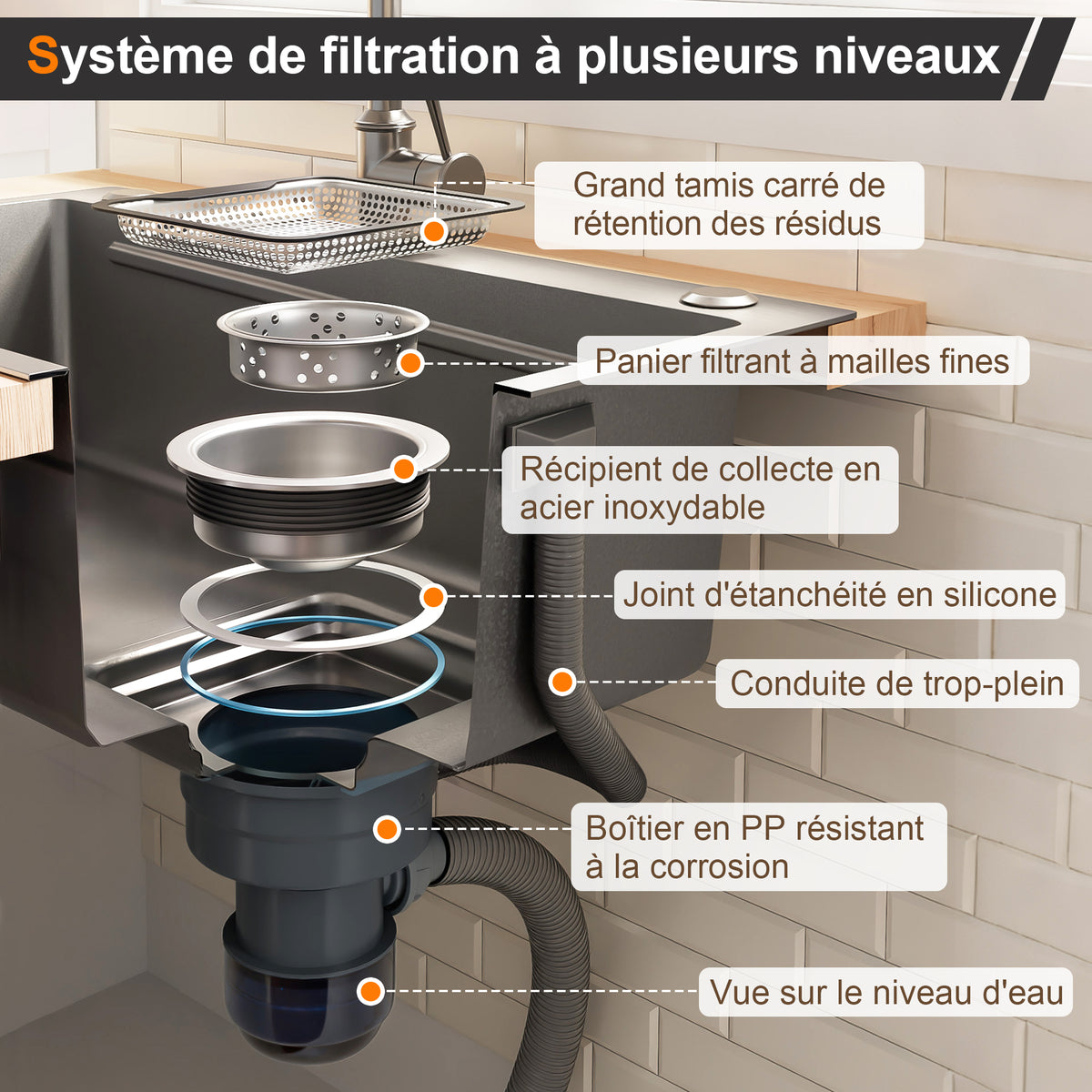 Lavabo de instalación de 75x45cm de acero inoxidable con tabla de corte, fregadero interior adicional y colador, lavabo de cocina con recubrimiento PVD, desague en cascada, construcción silenciosa y 3 tocones para accesorios
