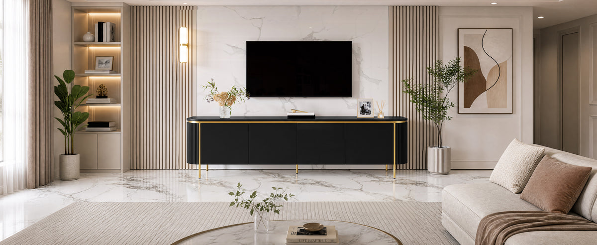 Armario bajo para TV con patas de hierro, 6 puertas, bordes redondeados y ranurado para cables, ideal para el salón