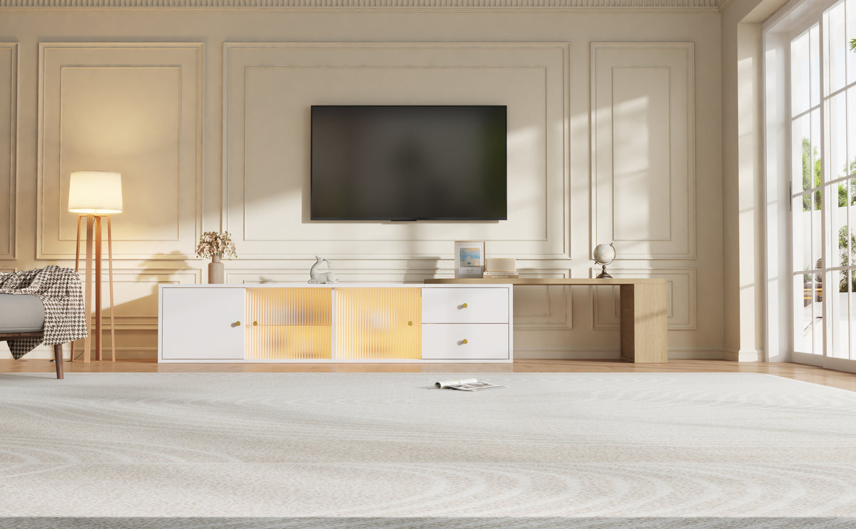 Mueble lateral para TV con iluminación LED, extensible, 2 cajones + 2 puertas correderas de cristal + 1 compartimiento, Mueble lateral para TV con espacio de almacenamiento, estante lateral, moderno, Blanco & Madera, 175×40×35,5 cm