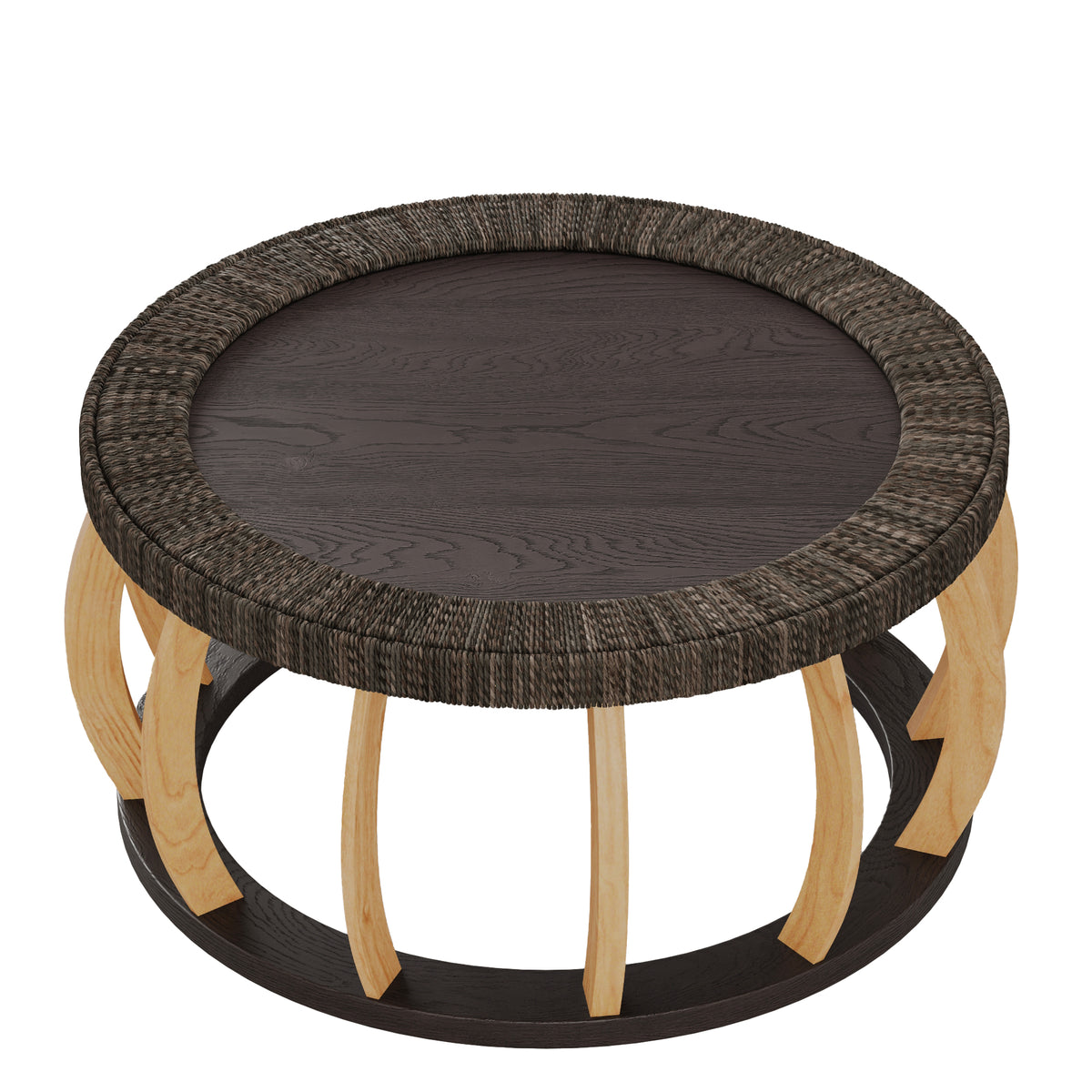 Mesa de café redonda de madera sólida con mimbre vintage, patas curvas, acento boho para el comedor, la cocina y la sala de estar, Negro Marrón