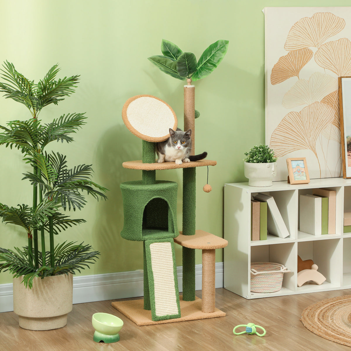 Arbol de gatos de 139 cm con cueva para gatos, pelota de juego, árbol de gatos con postes de rascar, para gatos de hasta 5 kg, color verde