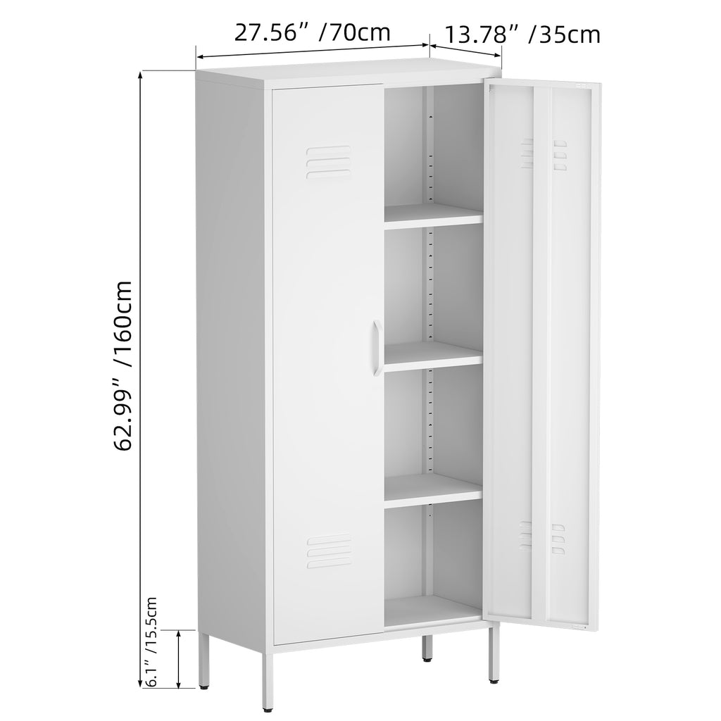 Gabinet de almacenamiento metálico de dos puertas blanco con estantes ajustables, ideal para almacenar ropa en el dormitorio, salón, oficina y gimnasio