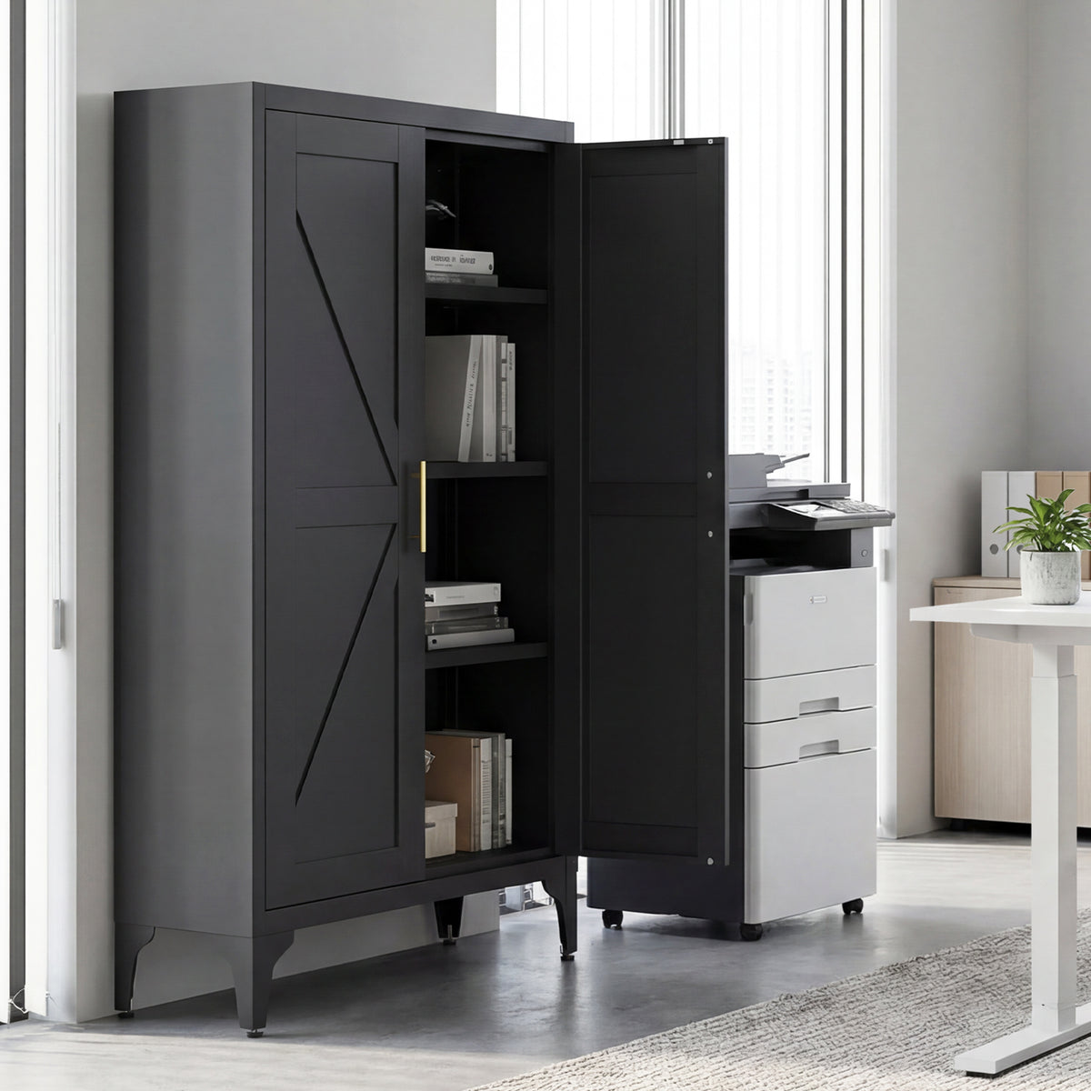 Gabinet de almacenamiento metálico de dos puertas ajustable para despensa de cocina, gabinete para el salón, comedor y oficina, negro