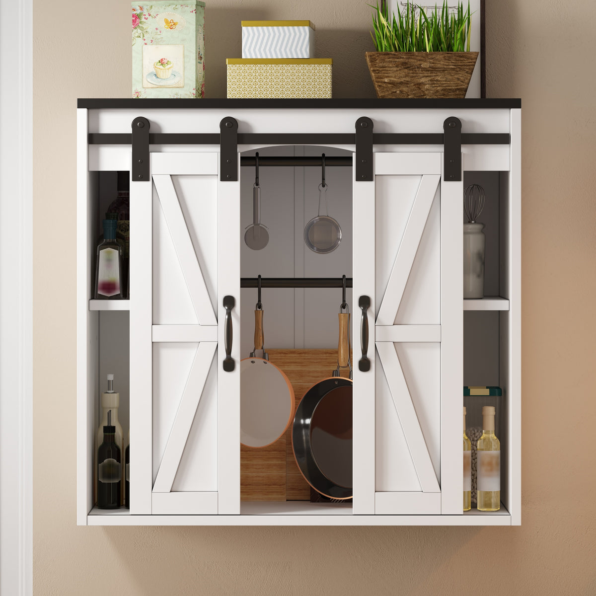 Armario de pared para la cocina con 2 puertas correderas y soportes de empotramiento ajustables, armario de pared para el almacenamiento en el salón, el baño y la lavandería, 80 × 31 × 76 cm