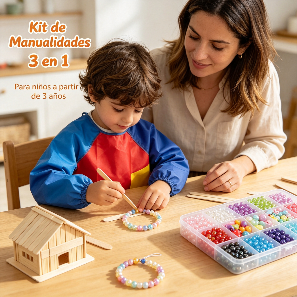 Kit de Manualidades DIY para Niños, Set Completo con Perlas Multicolores y Palitos de Madera, Regalo Creativo para Actividades en Casa