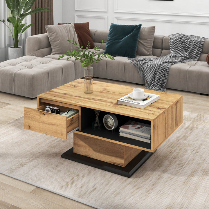 Mesita de centro de madera con textura, con un cajón sin mango, un estante y estante trasero, espacio de almacenamiento doble. Oficina, sofá de salón, gran espacio de almacenamiento.