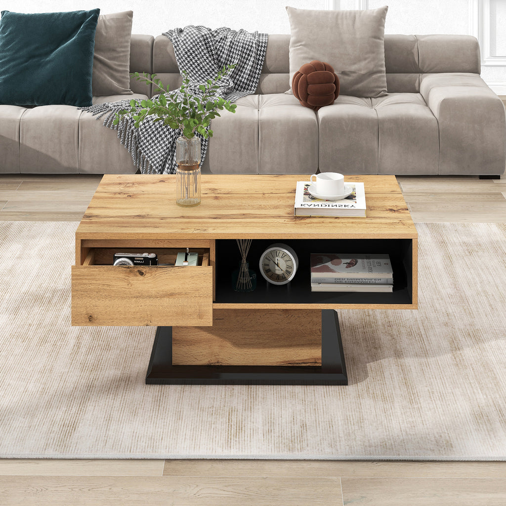 Mesita de centro de madera con textura, con un cajón sin mango, un estante y estante trasero, espacio de almacenamiento doble. Oficina, sofá de salón, gran espacio de almacenamiento.