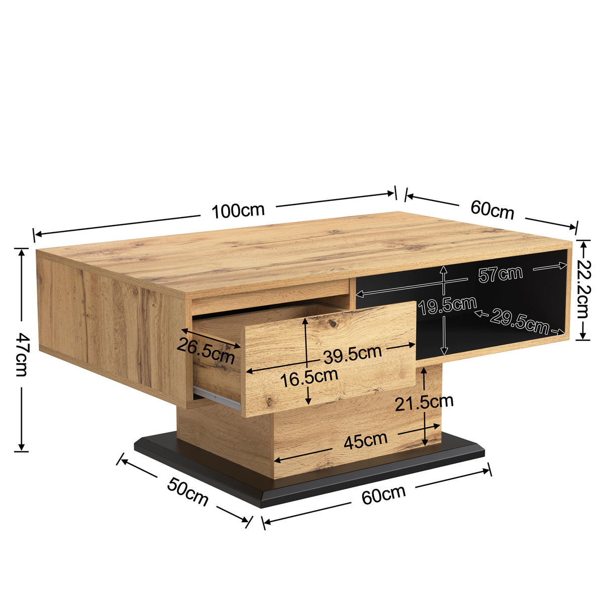 Mesita de centro de madera con textura, con un cajón sin mango, un estante y estante trasero, espacio de almacenamiento doble. Oficina, sofá de salón, gran espacio de almacenamiento.