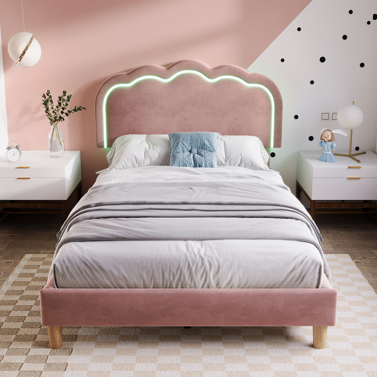 Cama con Colchón LED Individual 90 x 190cm, Base de Cama con Armazón de Latas y Parte Superior de Cabeza Ajustable, Cama Con Colchón en Rosa, Armazón de Cama para Habitación de Dormir, Habitación de Huéspedes - Seda