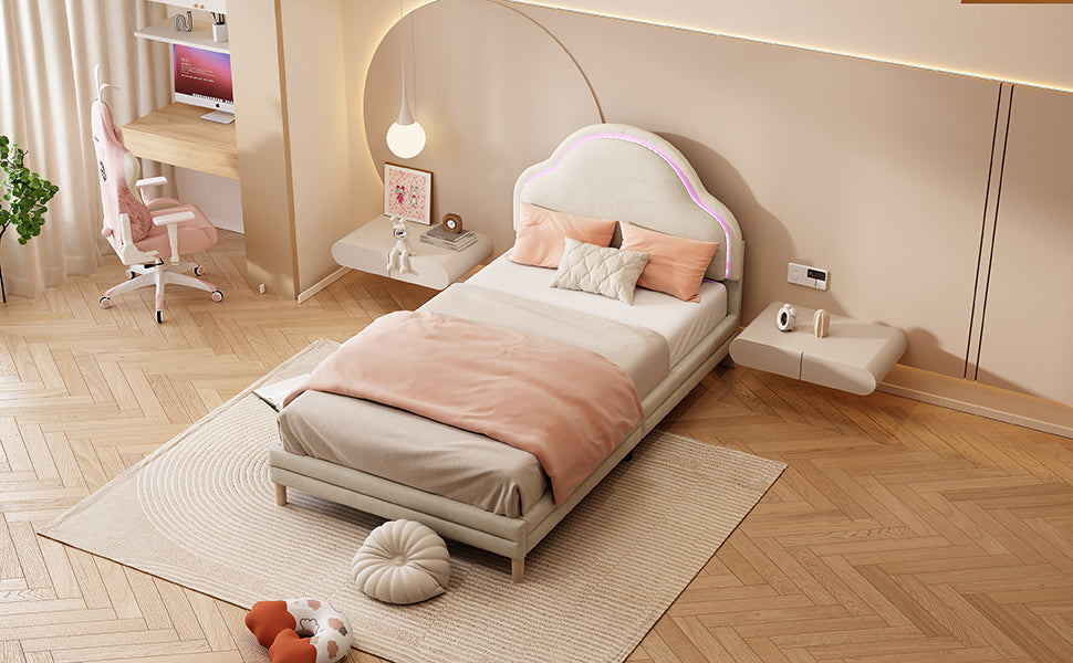 Cama con cabezal en forma de nubes, con luces LED multicolores y cambiantes, cama para niños con listones de madera, cama individual, seda, beige, 90x200cm