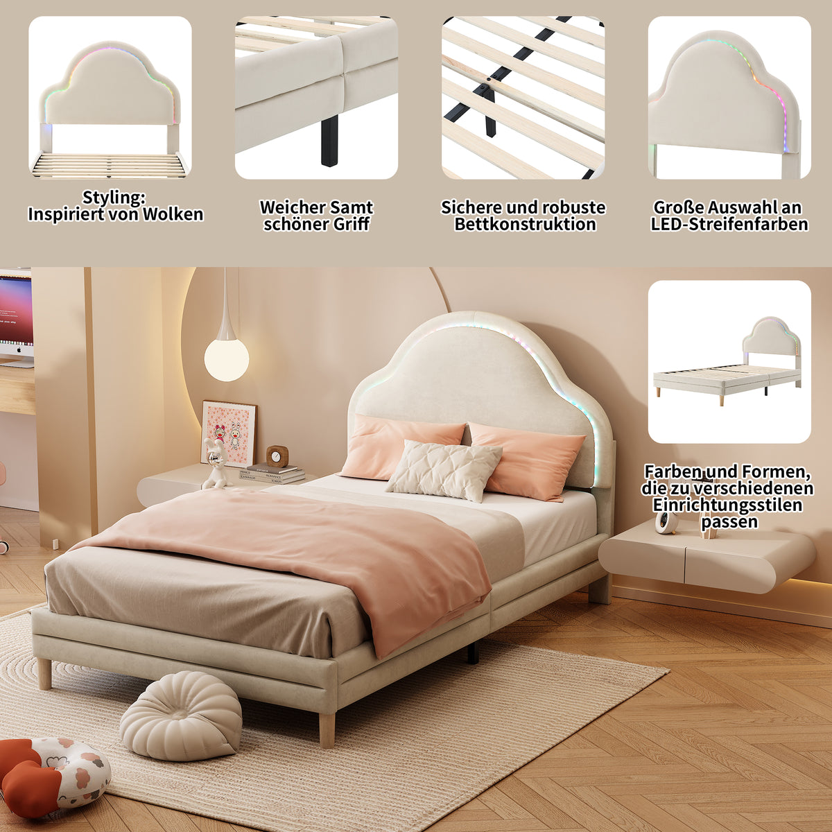 Cama con cabezal en forma de nubes, con luces LED multicolores y cambiantes, cama para niños con listones de madera, cama individual, seda, beige, 90x200cm