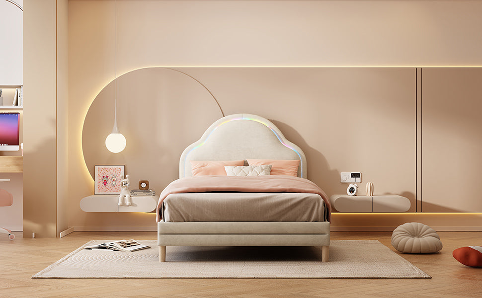Cama con cabezal en forma de nubes, con luces LED multicolores y cambiantes, cama para niños con listones de madera, cama individual, seda, beige, 90x200cm