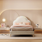 Cama con cabezal en forma de nubes, con luces LED multicolores y cambiantes, cama para niños con listones de madera, cama individual, seda, beige, 90x200cm