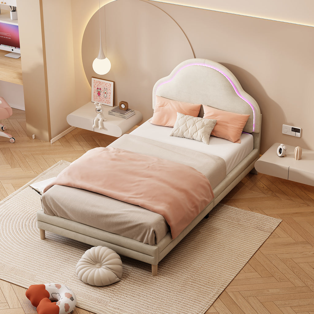 Cama con cabezal en forma de nubes, con luces LED multicolores y cambiantes, cama para niños con listones de madera, cama individual, seda, beige, 90x200cm