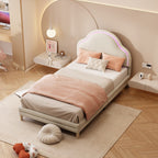 Cama con cabezal en forma de nubes, con luces LED multicolores y cambiantes, cama para niños con listones de madera, cama individual, seda, beige, 90x200cm