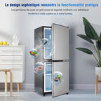 Refrigerador Minikühlschra de 106L, 60-l de capacidad de refrigeración + 46-l de capacidad de freezer, 7 ajustes de temperatura, puerta plateada + cuerpo negro, iluminación LED, cajones de empotramiento ajustables, 166 kWh/Jr, 45 dB
