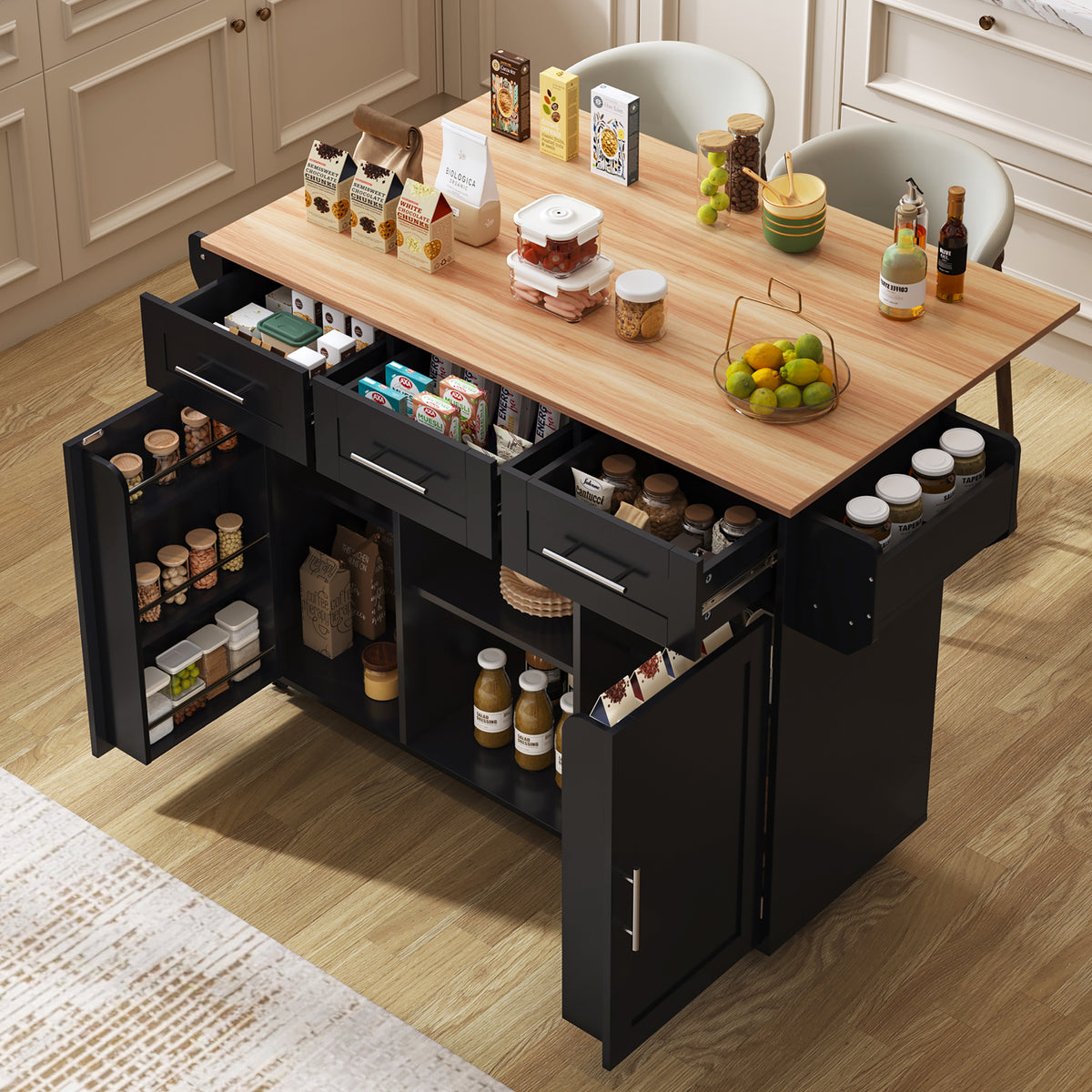 Gran carrito de cocina/armario de 139x46(71)x91,5 cm, cuerpo negro + mesilla de trabajo en madera de alta calidad, mesilla de trabajo plegable, puerta de almacenamiento, ruedas, pies de madera intercambiables, adecuado para comedor, cocina