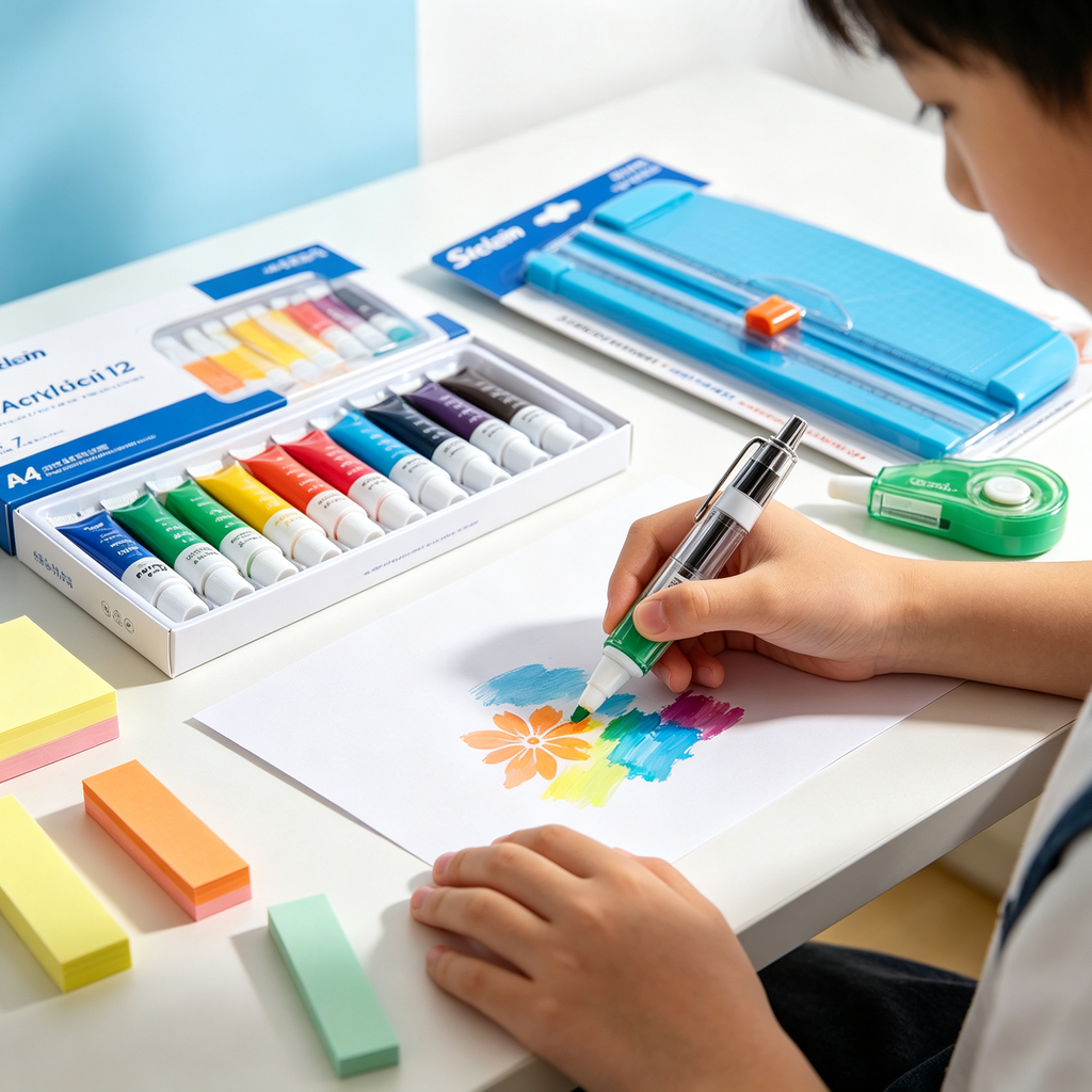 6 Piece School Stationery Set - Cutter, Acrylic Paint, Notes, and Correctors